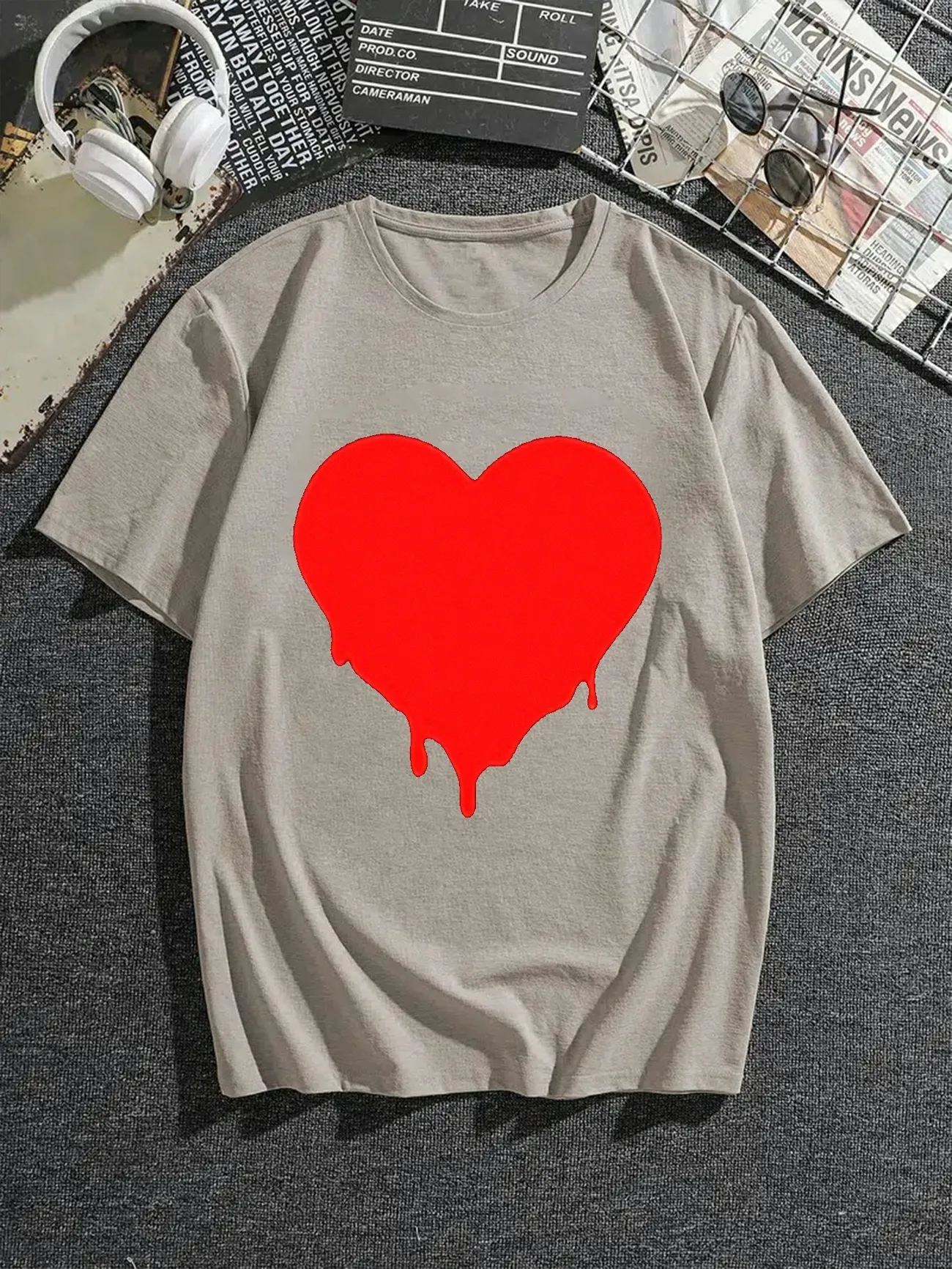 Melting Heart Trendy T-shirt For Men, Plus Size Comfy Summer